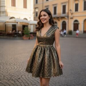 A'gaci Metallic Gold Quilted Fit & Flare Party Dress